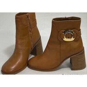 See By Chloe Tan Leather Ankle Boots Gold Buckle Block Heel Bohemian US 7/37
